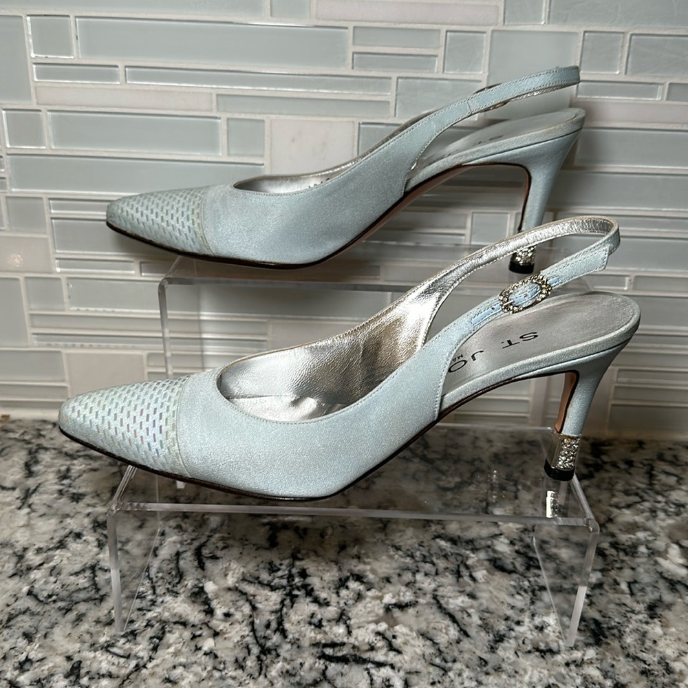 St. John Pale Blue Satin Slingback Heels with Rhinestone Accents